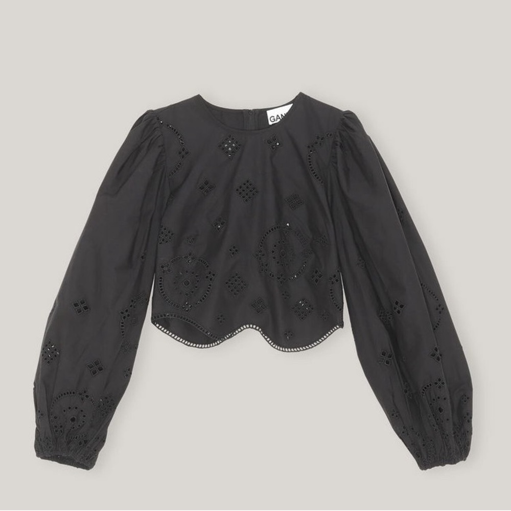 Ganni Black Puff Sleeve Crop Blouse